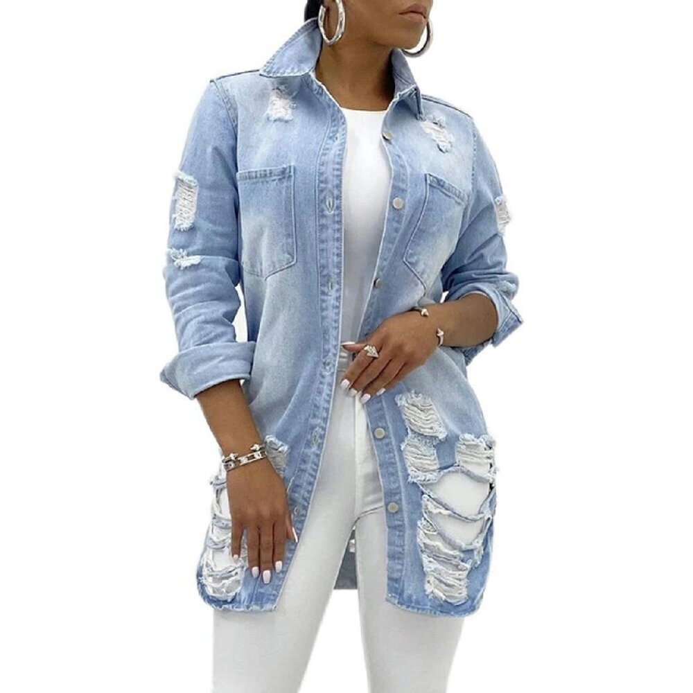 Distressed Denim Trucker Jacket with Fray Hem Tassels, Long Sleeve